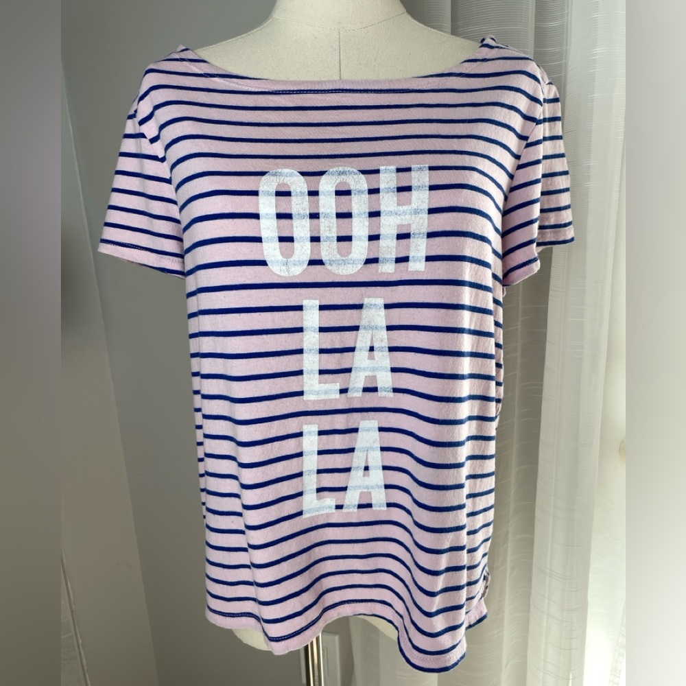 Cinq a Sept Striped Graphic Print Boat Neck Cotton T-Shirt Size Medium